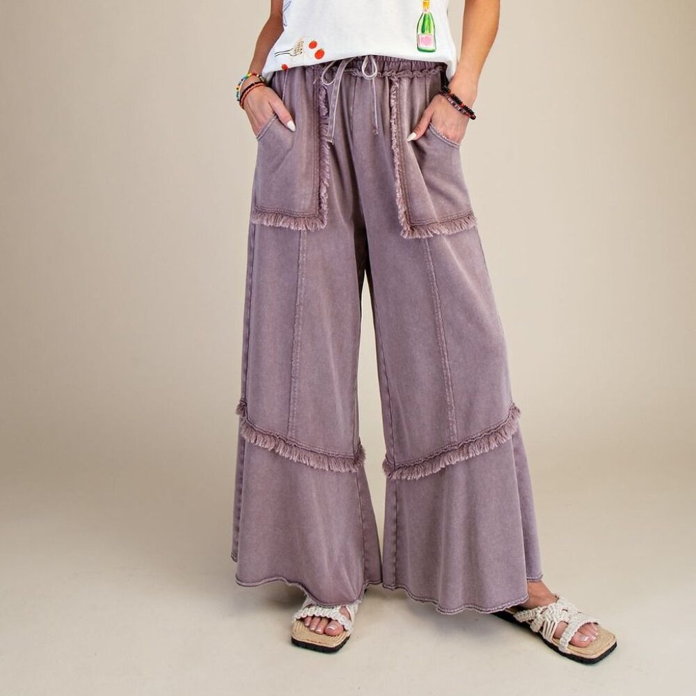 E18 Easel Wide Leg Mineral Washed Mocha Terry Pants Patch Pockets Frayed Hem